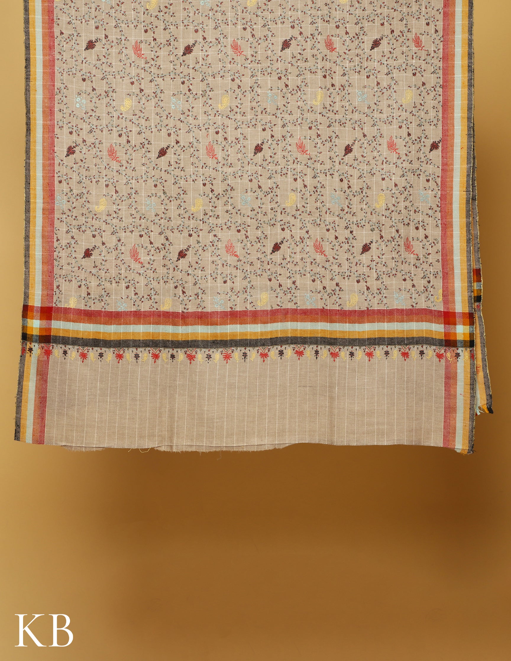 Light Grey Stripped Sozni Embroidered Pure Pashmina Shawl - Kashmir Box