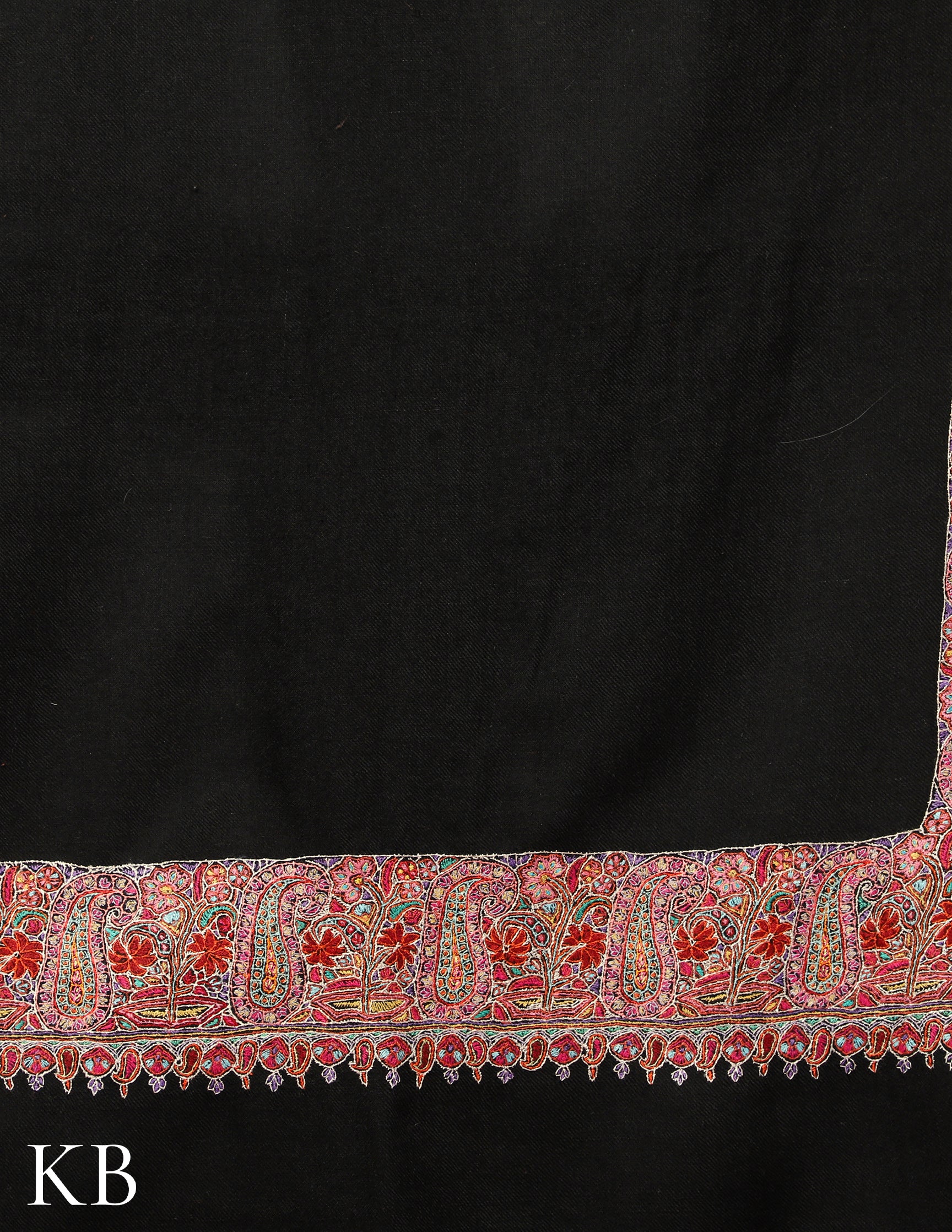 Jet Black Silk Thread Pure Pashmina Sozni Embroidered Shawl - Kashmir Box