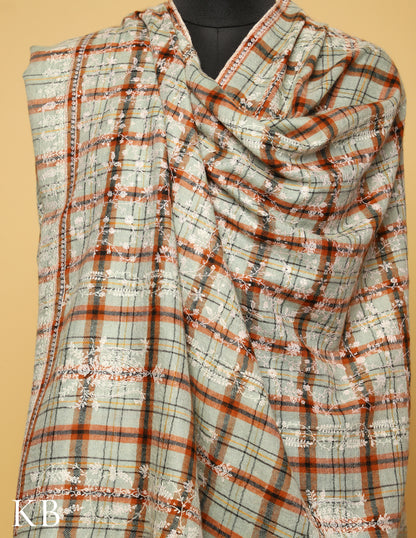 Pastel Grey stripped and checked Sozni Embroidered Pure Pashmina Shawl - Kashmir Box