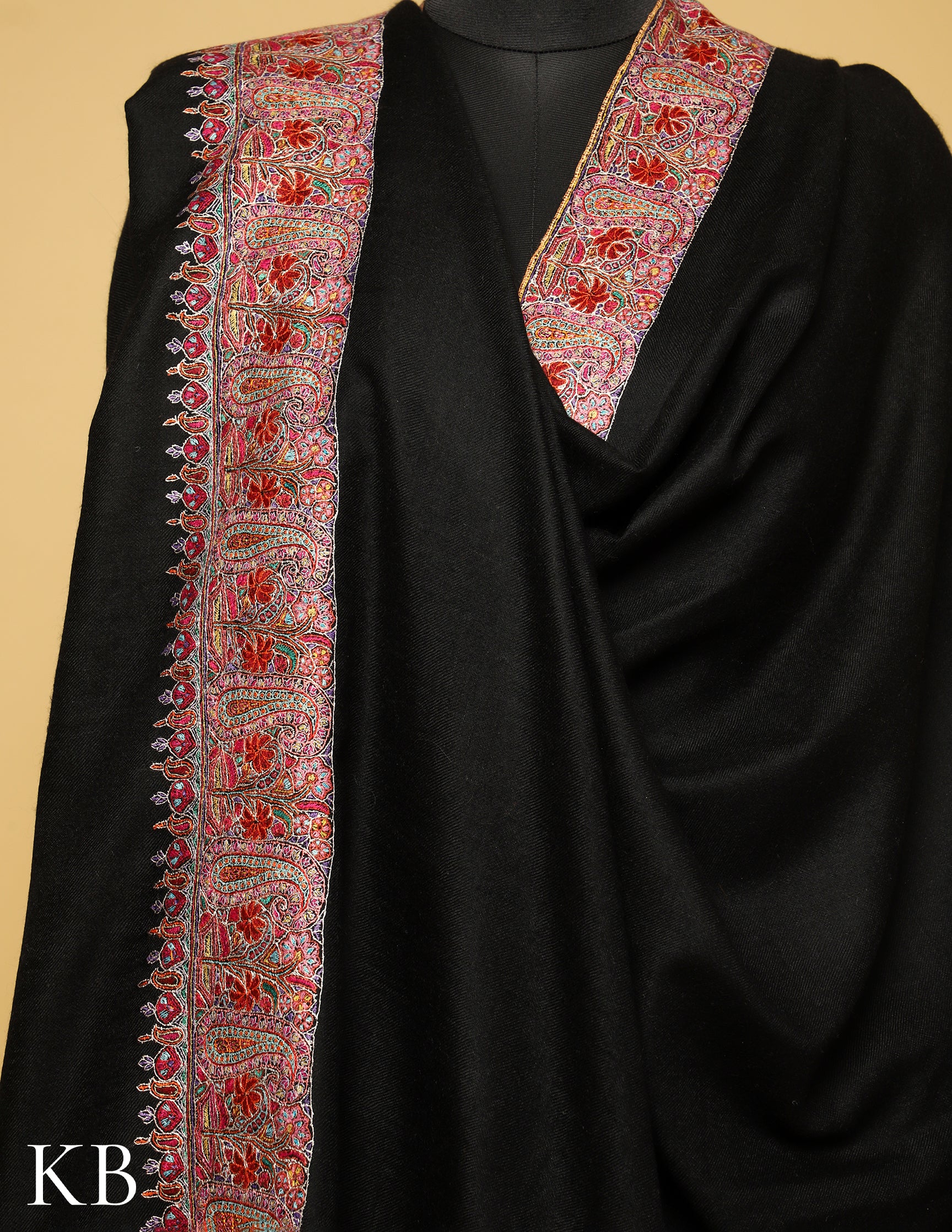 Jet Black Silk Thread Pure Pashmina Sozni Embroidered Shawl - Kashmir Box