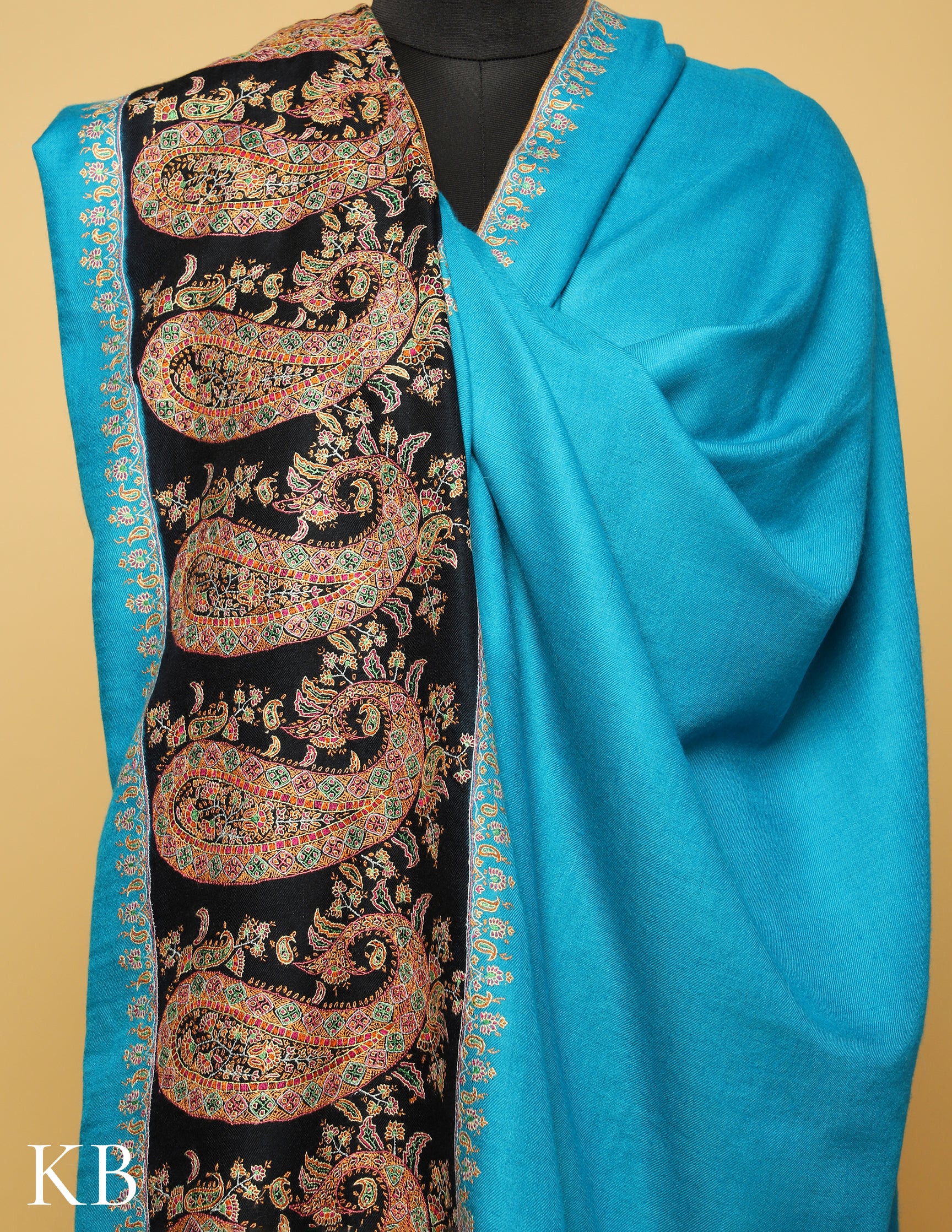 Blue Sozni Embroidered Pure Pashmina Shawl - Kashmir Box