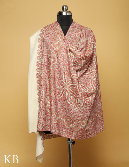 Ivory Jamawar Sozni Embroidered Pure Pashmina Shawl - Kashmir Box