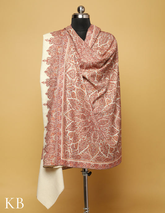 Off White Jamawar Sozni Embroidered Pure Pashmina Shawl - Kashmir Box