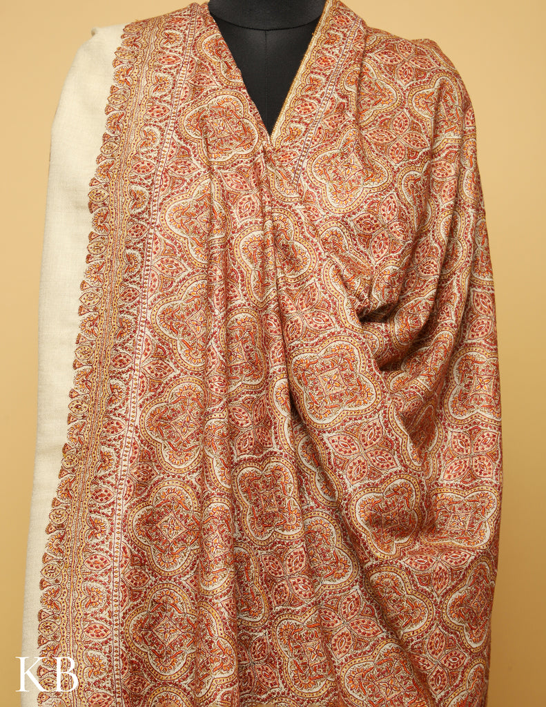 Jamawar White Sozni Embroidered  Pure Pashmina Shawl - Kashmir Box