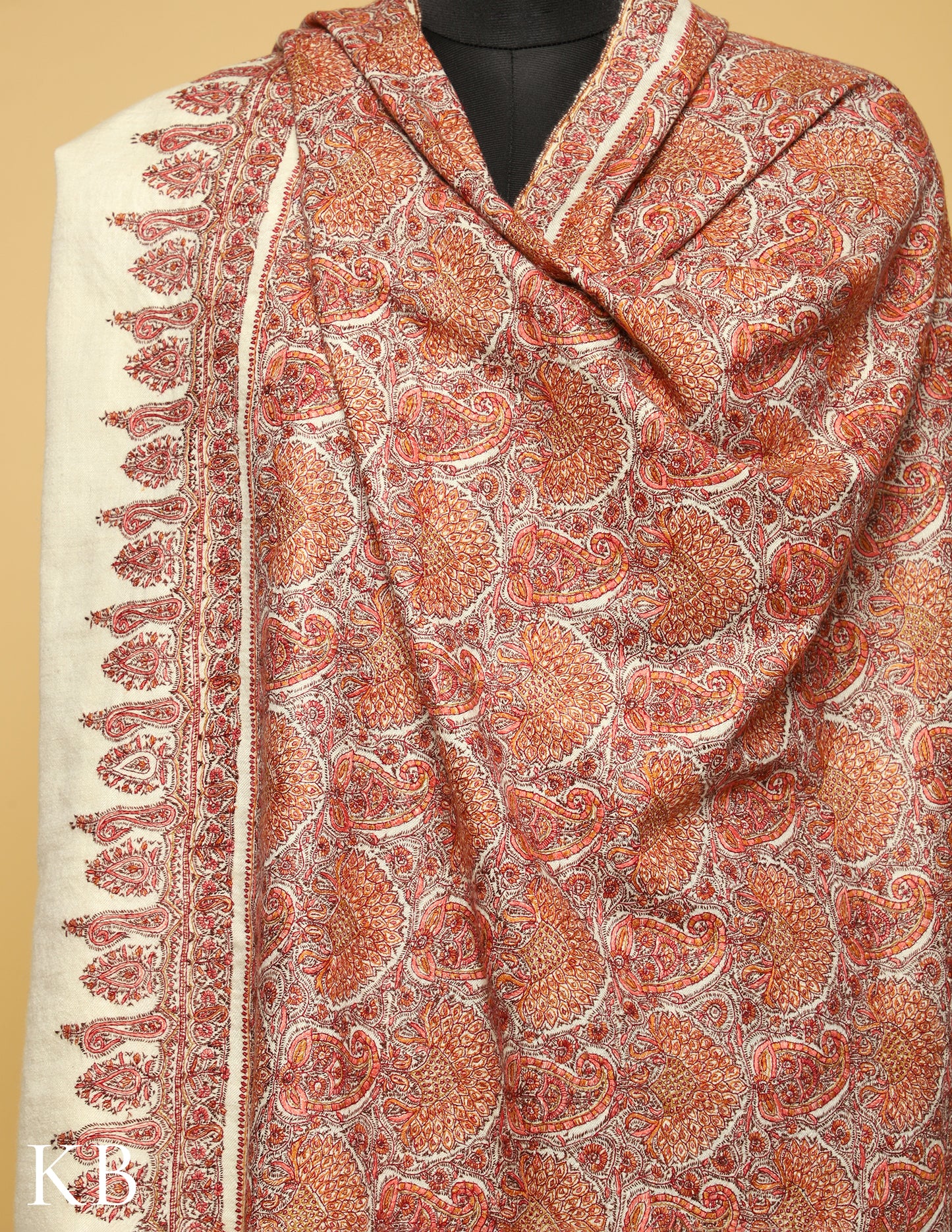 Bright White Jamawar Sozni Embroidered  Pure Pashmina Shawl - Kashmir Box