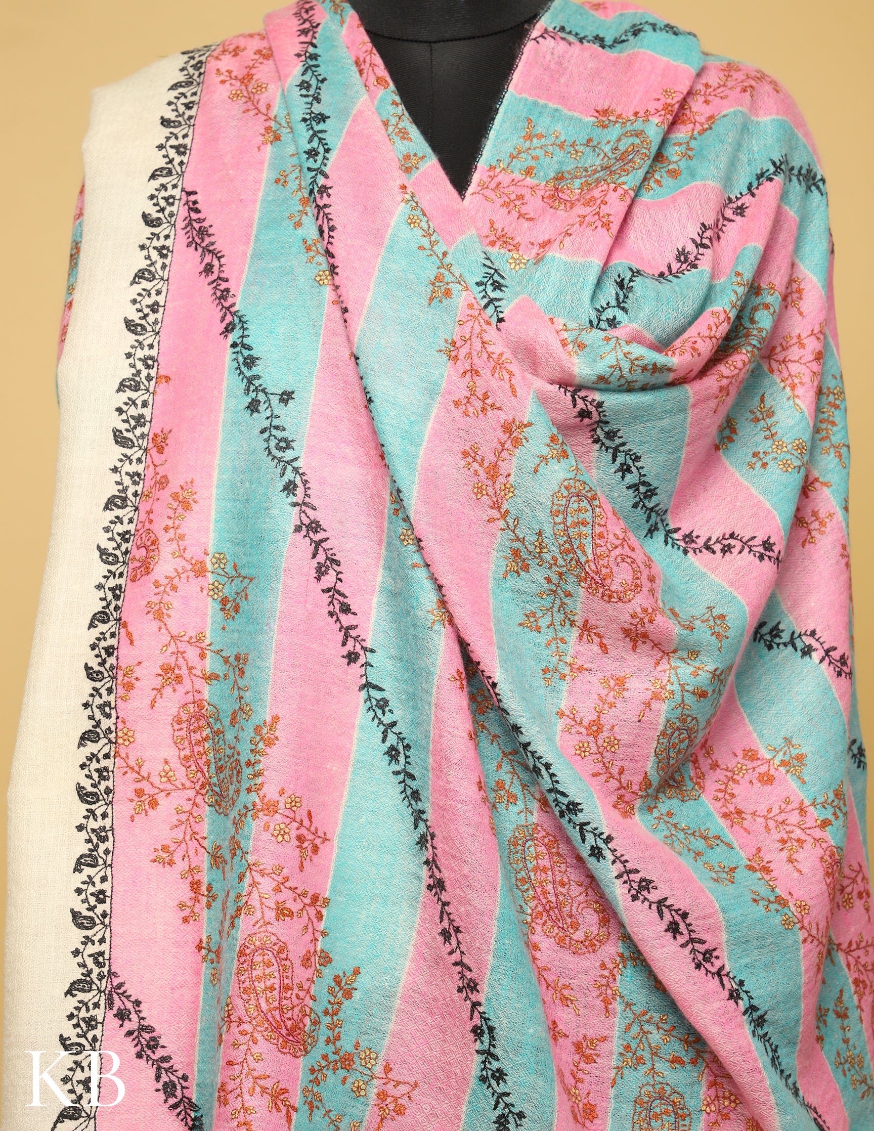 Pink And Blue Stripped Jaldaar Sozni Embroidered  Pure Pashmina Shawl - Kashmir Box