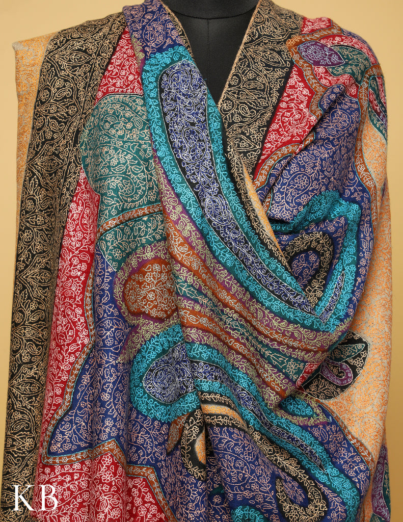 Kalamkari Multicolor Sozni Embroidered  Pure Pashmina Shawl - Kashmir Box
