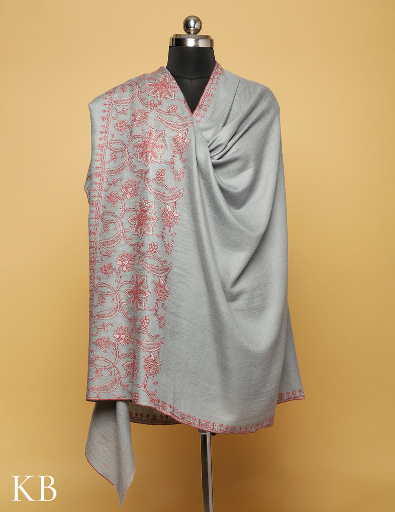 Pale Grey Doordaar Sozni Embroidered  Pure Pashmina Shawl - Kashmir Box