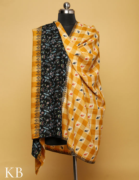 Black and Mustard Checked Sozni Embroidered Pure Pashmina Shawl - Kashmir Box