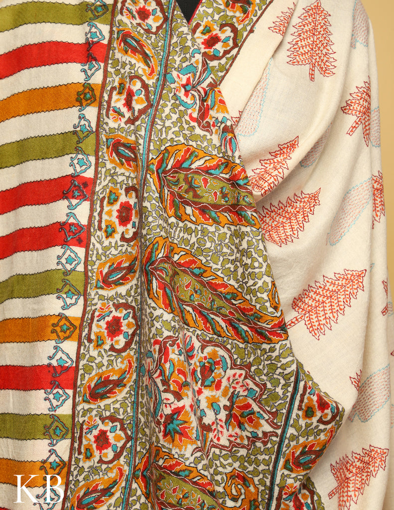 Snow White Kalamkari Border Sozni Embroidered  Pure Pashmina Shawl - Kashmir Box