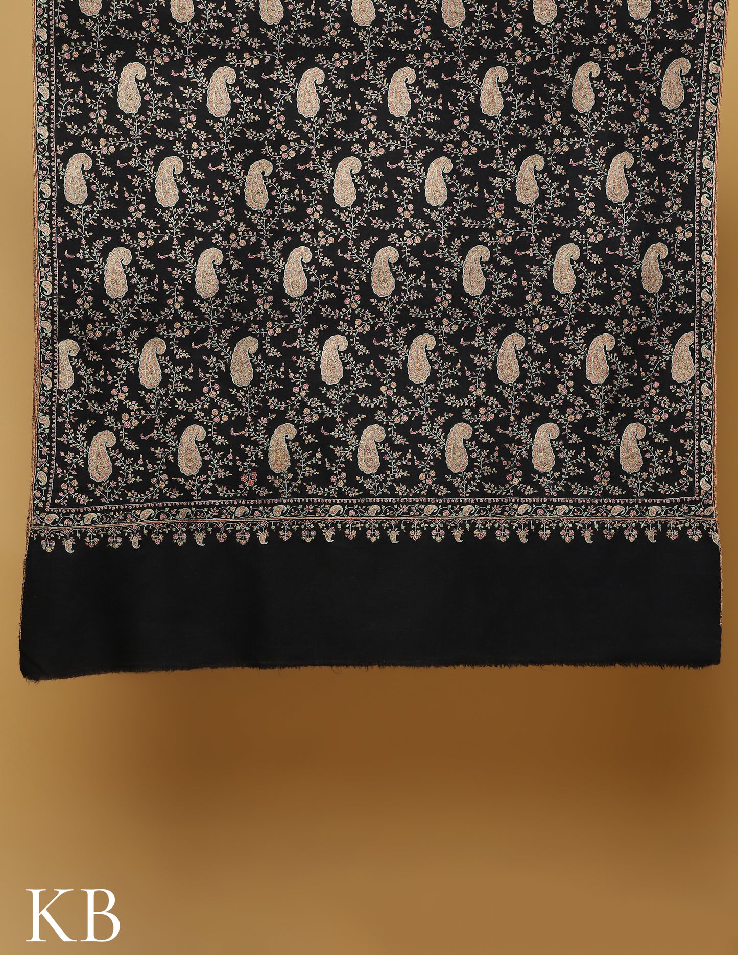 Black Jaldaar Sozni  Embroidered Pure Pashmina Shawl - Kashmir Box