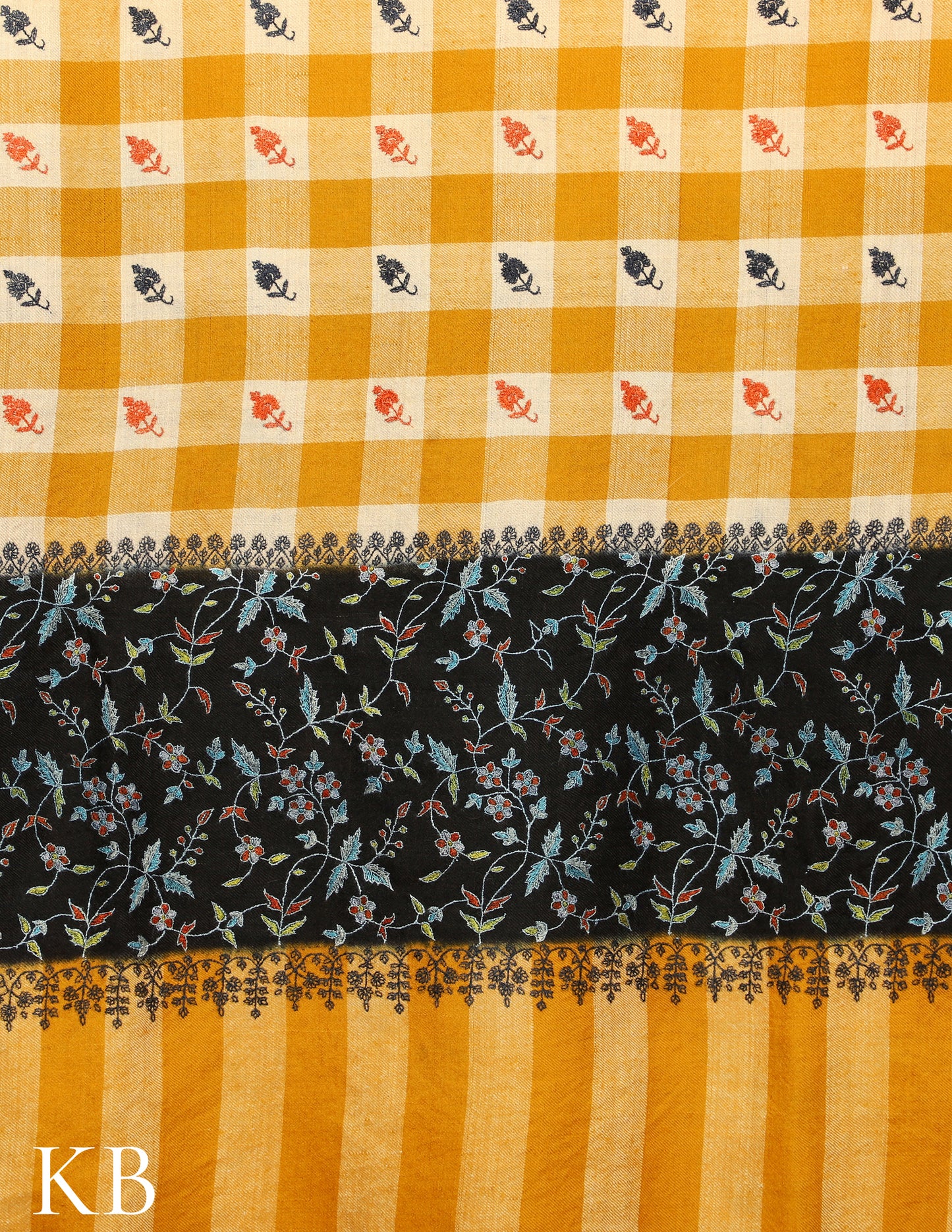 Black and Mustard Checked Sozni Embroidered Pure Pashmina Shawl - Kashmir Box