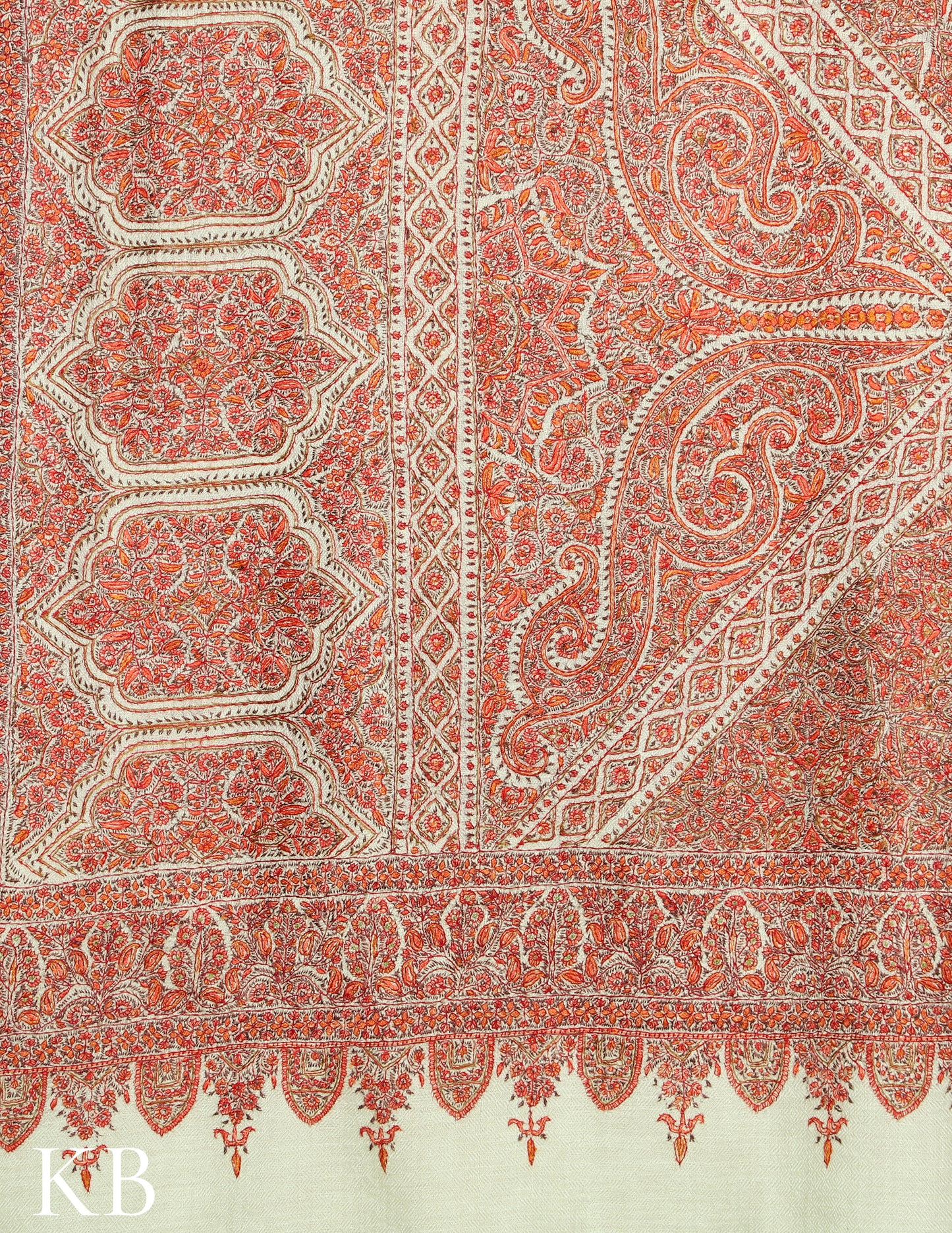 Pearl White Jamawar Sozni Embroidered  Pure Pashmina Shawl - Kashmir Box