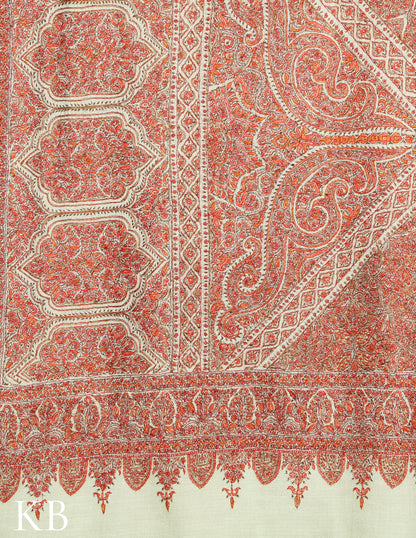 Pearl White Jamawar Sozni Embroidered  Pure Pashmina Shawl - Kashmir Box