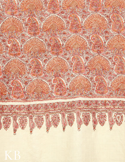 Bright White Jamawar Sozni Embroidered  Pure Pashmina Shawl - Kashmir Box