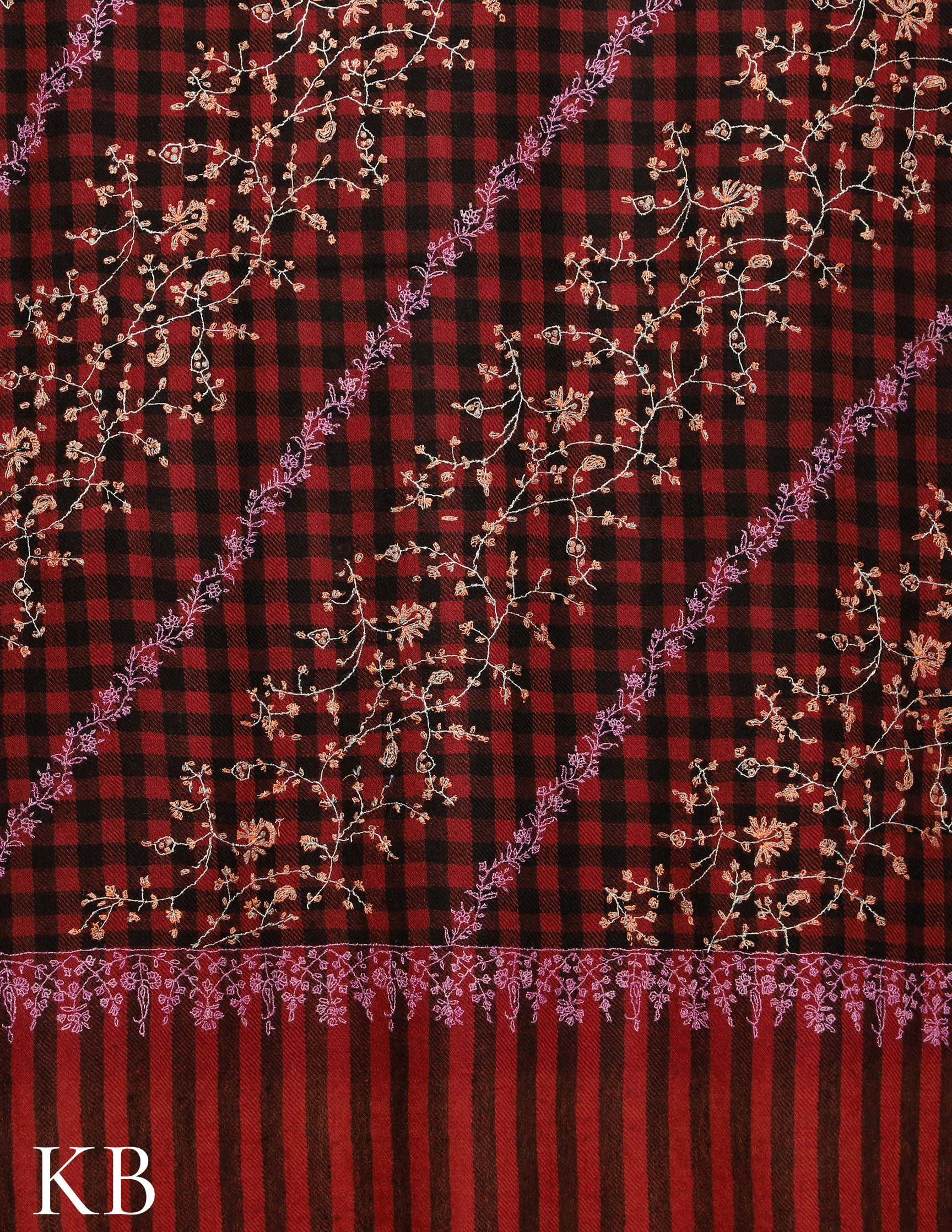 Barn Red Jaldaar checked Sozni Embroidered Pure Pashmina Shawl - Kashmir Box