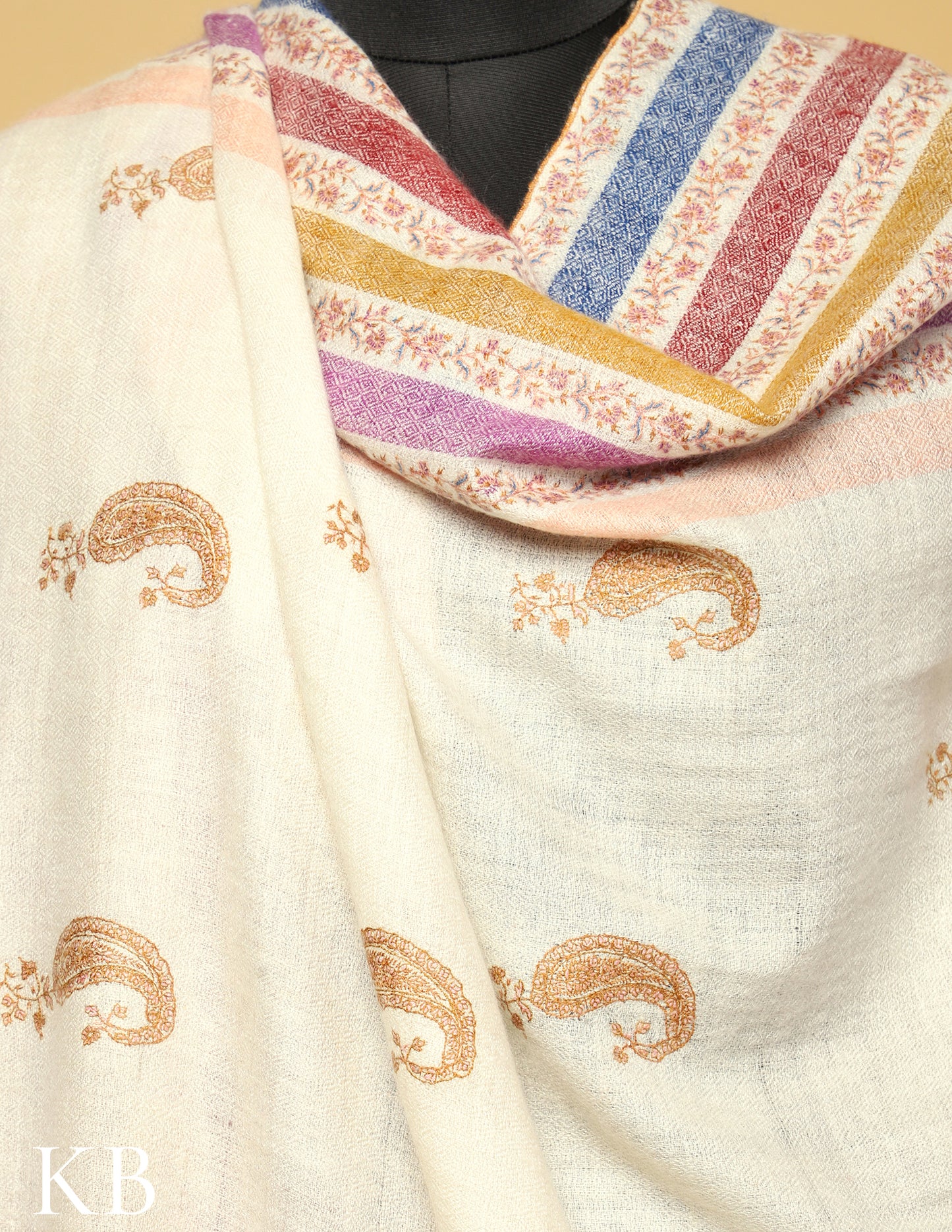 White Paisley Bootidar  And Stripped Sozni Embroidered Pure Pashmina Shawl - Kashmir Box