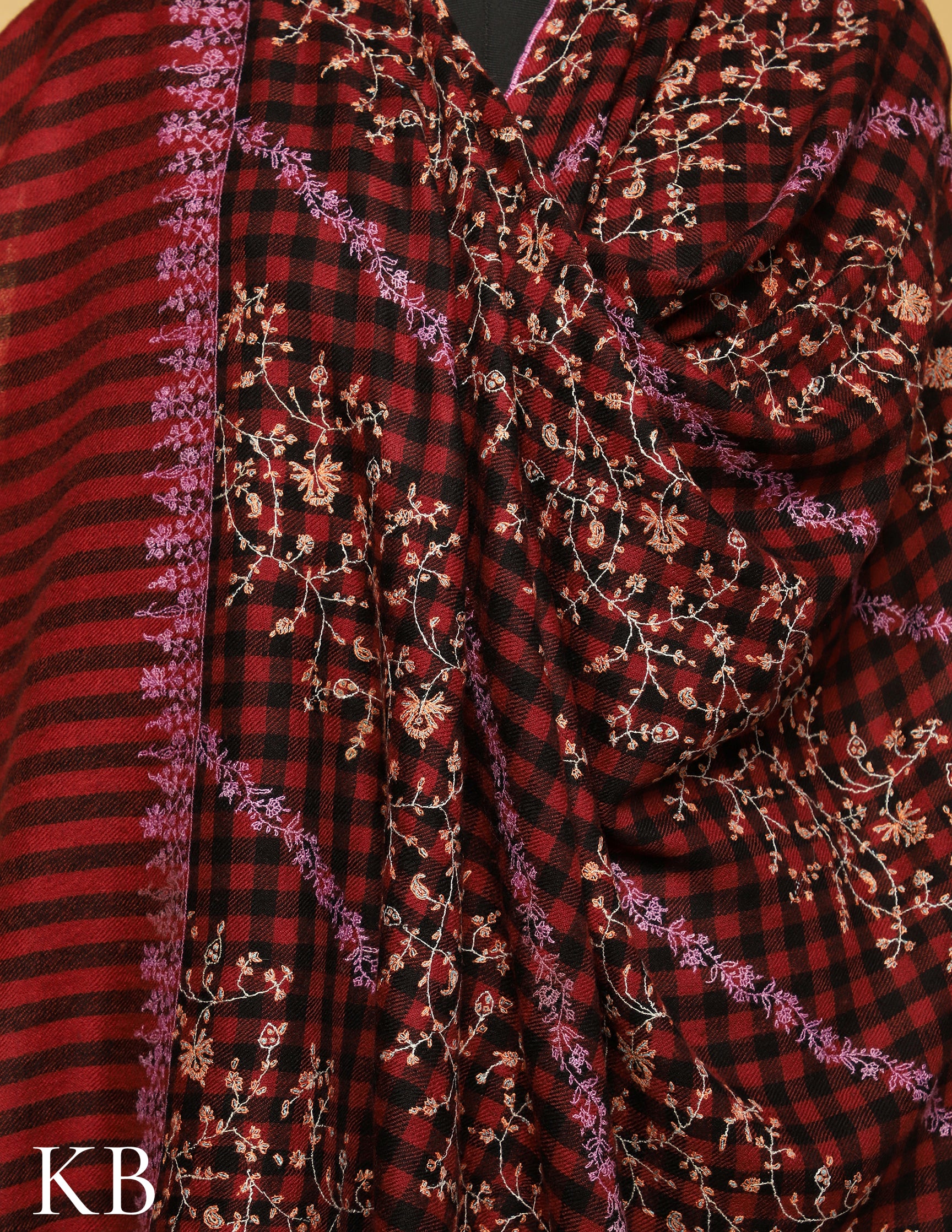 Barn Red Jaldaar checked Sozni Embroidered Pure Pashmina Shawl - Kashmir Box