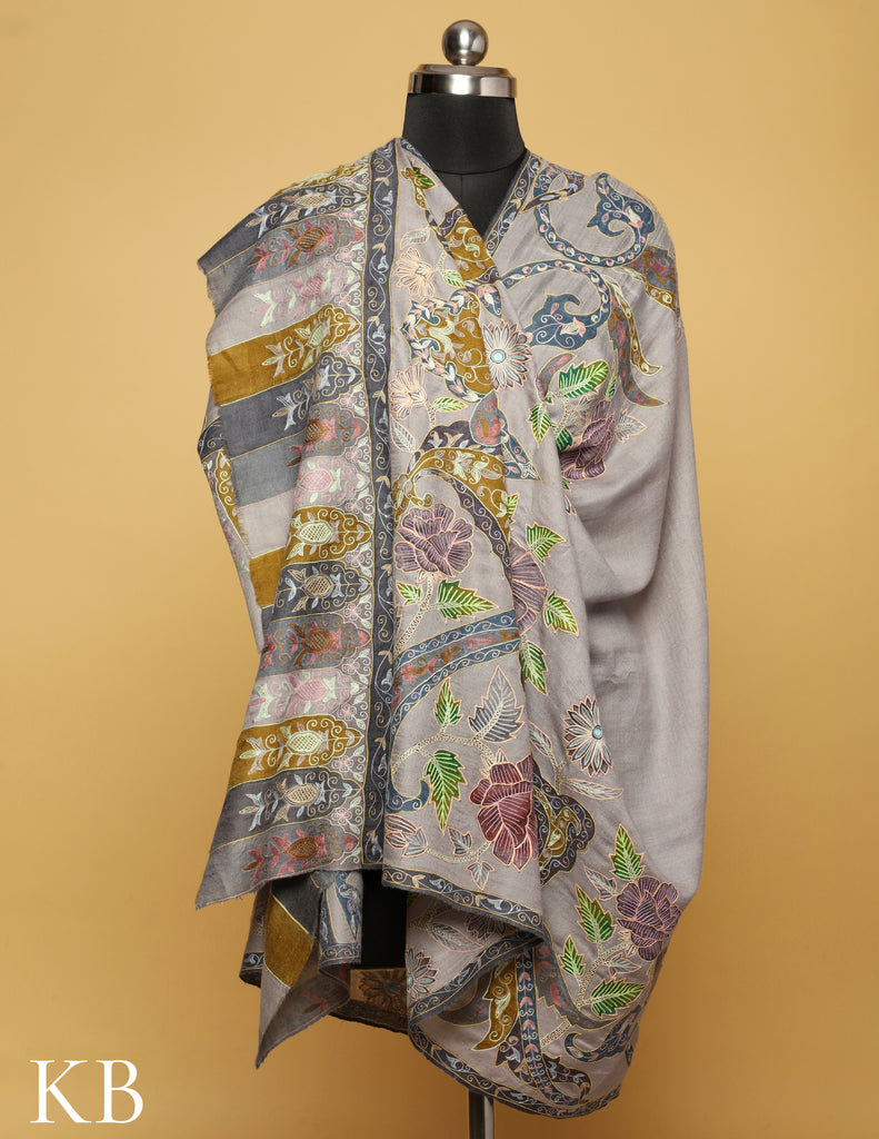 Pale Grey Kalamkari Sozni Embroidered  Pure Pashmina Shawl - Kashmir Box