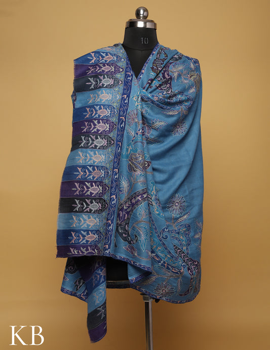 Olympic Blue Kalamkari Sozni Embroidered Pure Pashmina Shawl - Kashmir Box