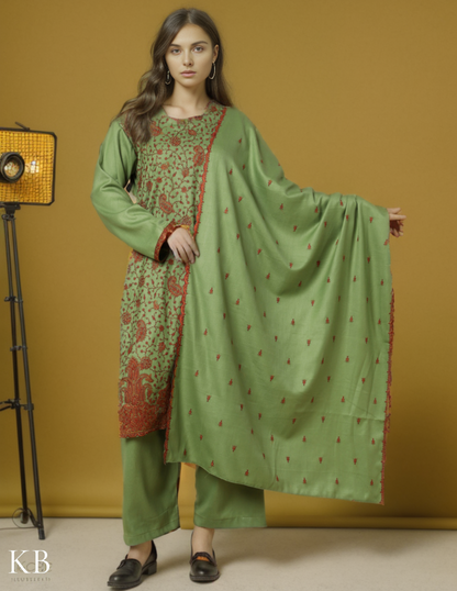 Forest Green Sozni Embroidered Woolen Suit Set - Kashmir Box