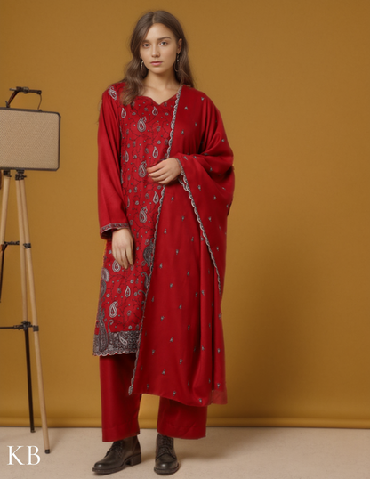 Maroon Oak Sozni Embroidered woolen Suit Set - Kashmir Box