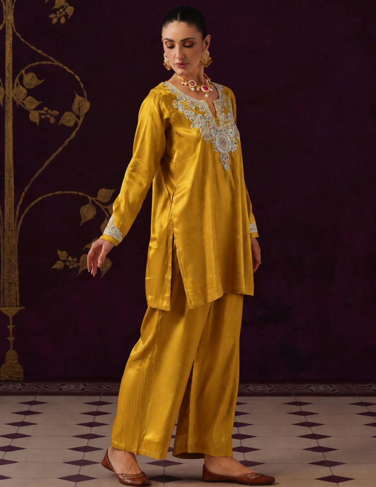 Kashmiri Tilla &amp; Thread Embroidered Silk Co-ord Set – Mustard Yellow