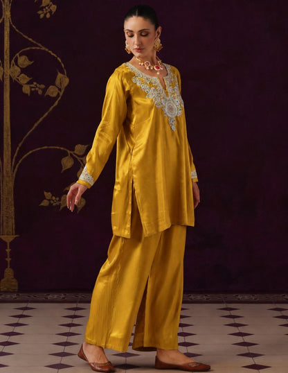 Kashmiri Tilla &amp; Thread Embroidered Silk Co-ord Set – Mustard Yellow