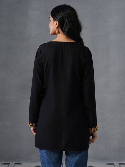 Women’s Black Kashmiri Aari Embroidered Yellow Floral Short Kurti – Casual  Office Wear