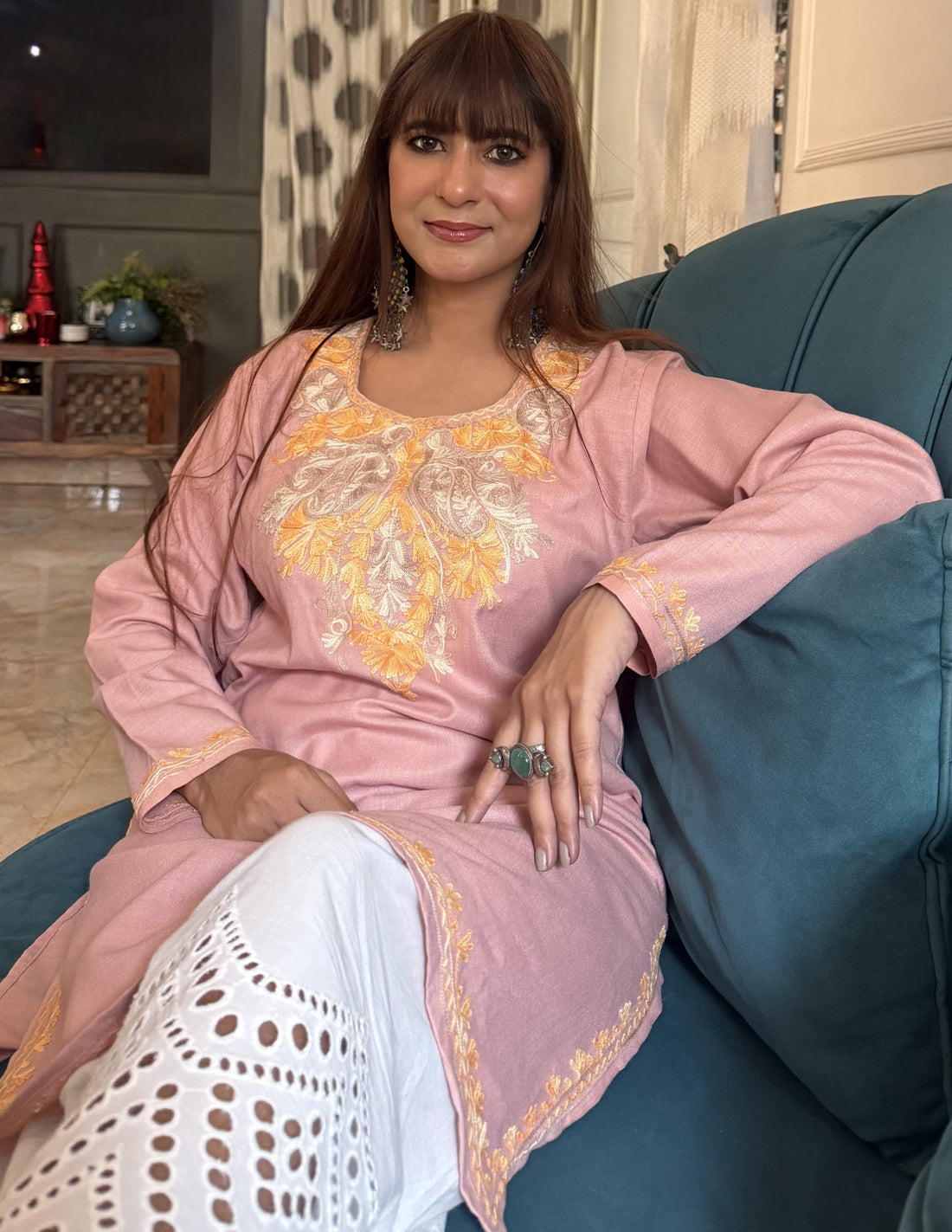 Nigeen Dusky Pink Kashmiri Aari Embroidered Cotton Kurti for Women - Kashmir Box