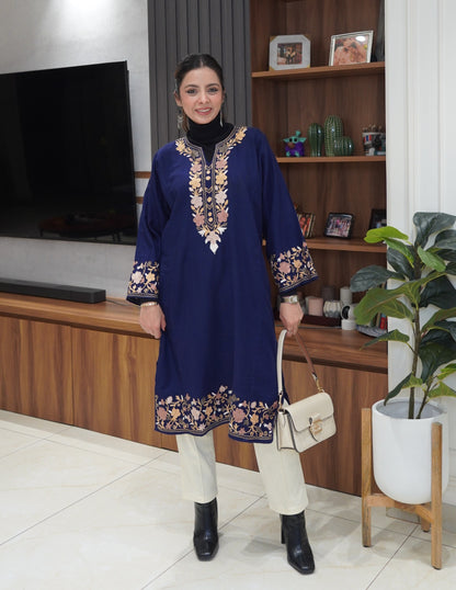 Kashmiri Light Brown Aari Embroidered Woollen Phiran – Blue | Timeless Winter Wear