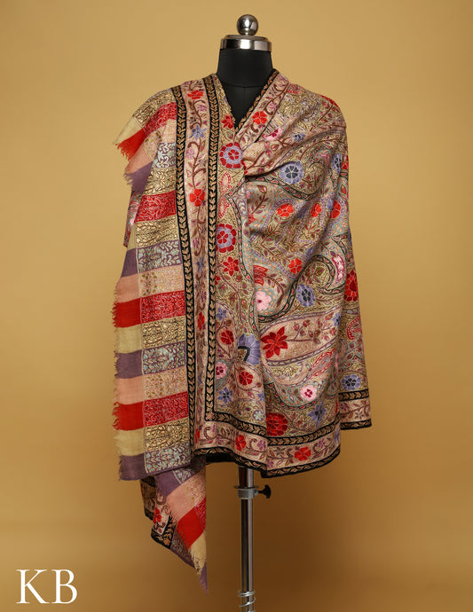 Multicolor Sozni Embroidered Kalamkari Pure Pashmina Shawl - Kashmir Box