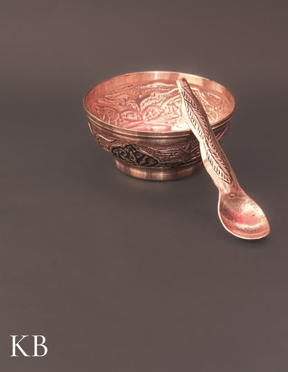 Kashmiri Copperware Small Bowl with Spoon | Artisan-Made | Handcrafted Heritage - Kashmir Box