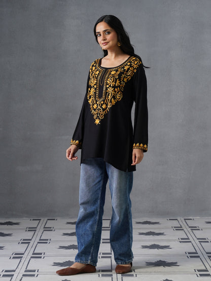 Women’s Black Kashmiri Aari Embroidered Yellow Floral Short Kurti – Casual  Office Wear