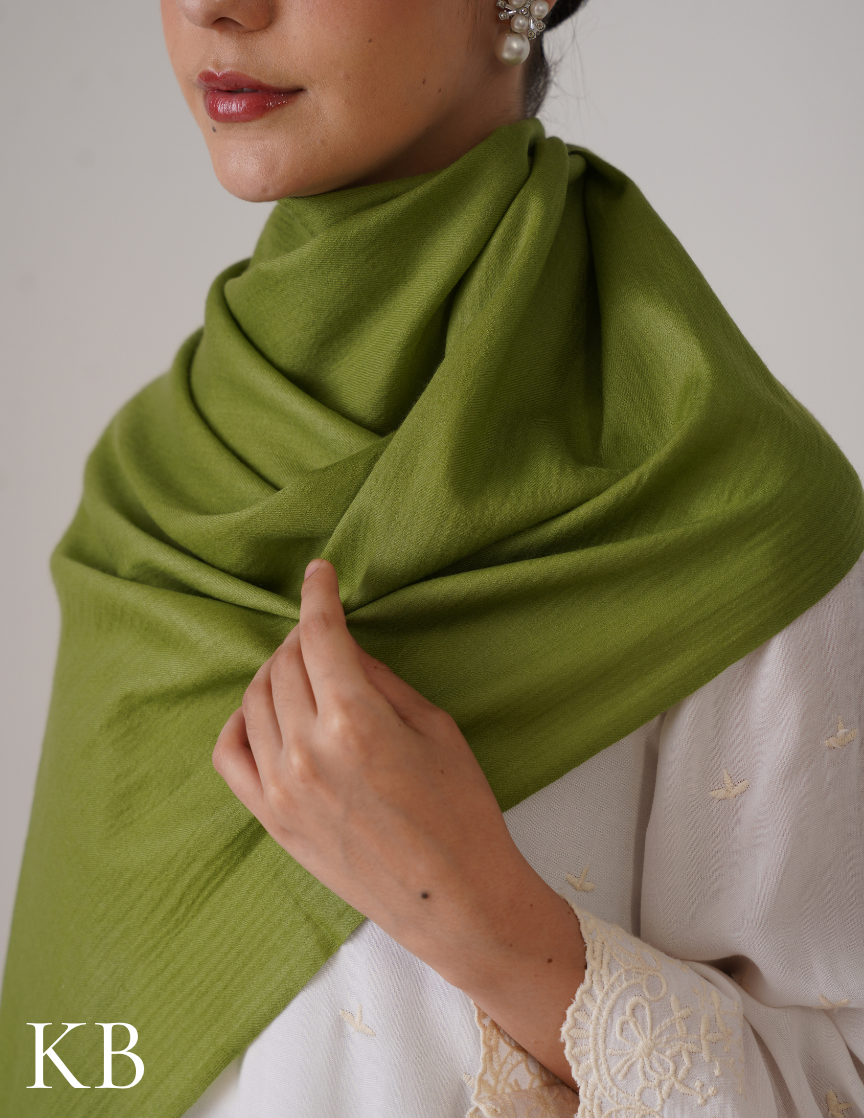 Olive Pastel Green Solid Woollen Shawl | Calm Winter Companion - Kashmir Box