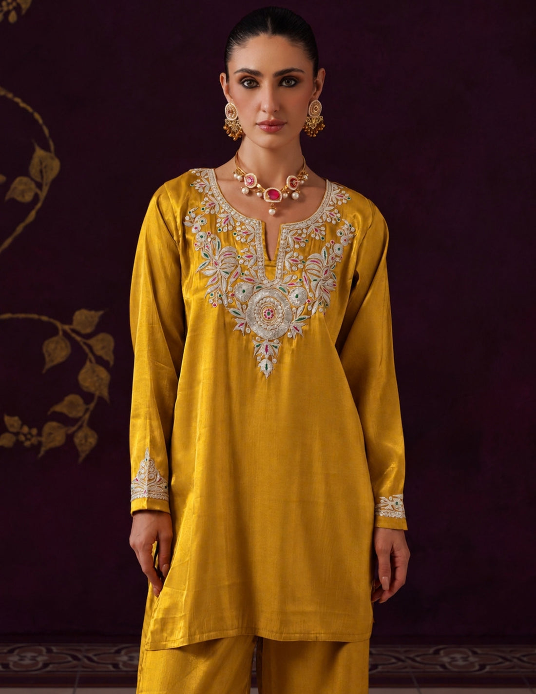 Kashmiri Tilla &amp; Thread Embroidered Silk Co-ord Set – Mustard Yellow
