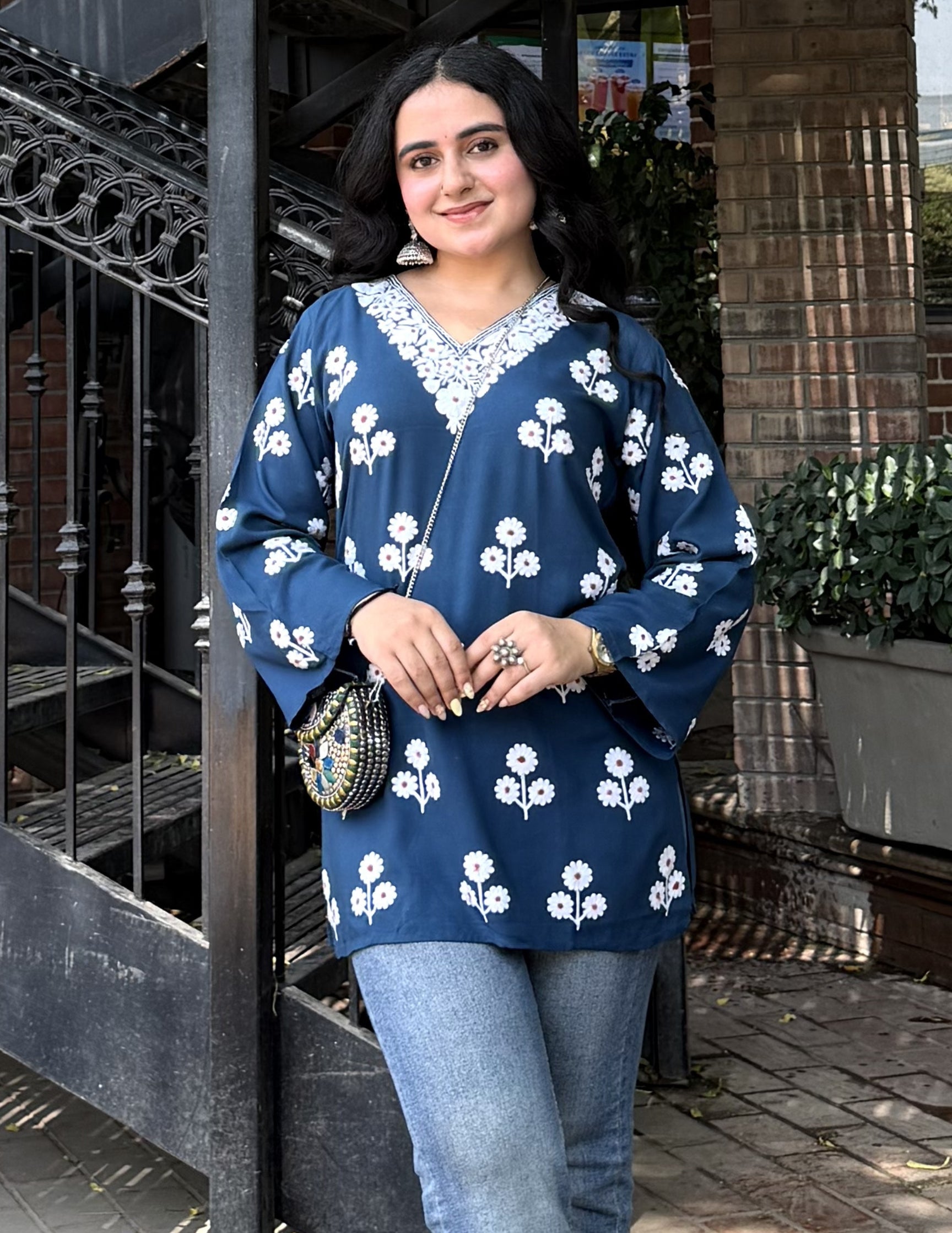 Blue Rayon Kurti – Light Blue &amp; Red Dual Tone Embroidery | Office Ethnic Wear - Kashmir Box
