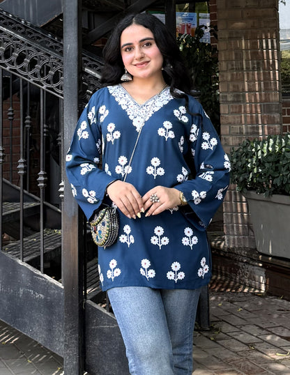 Blue Rayon Kurti – Light Blue &amp; Red Dual Tone Embroidery | Office Ethnic Wear - Kashmir Box