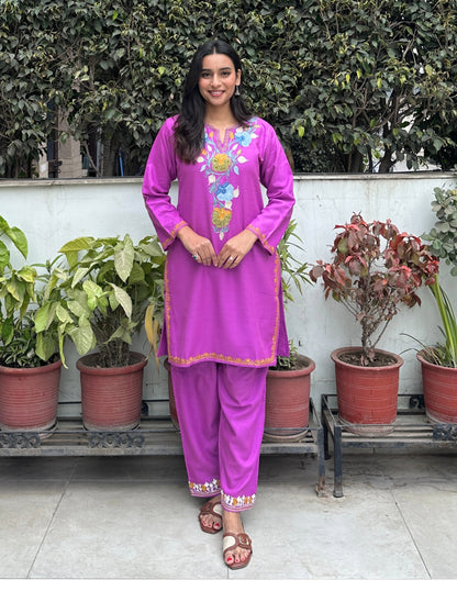Kashmiri Multicolour Aari Embroidered Woollen Coordset – Purple | Artistic Winter Wear