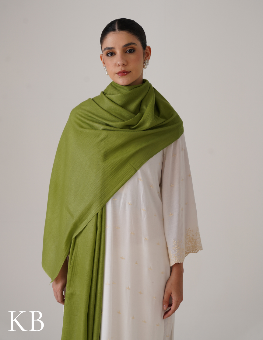 Olive Pastel Green Solid Woollen Shawl | Calm Winter Companion - Kashmir Box