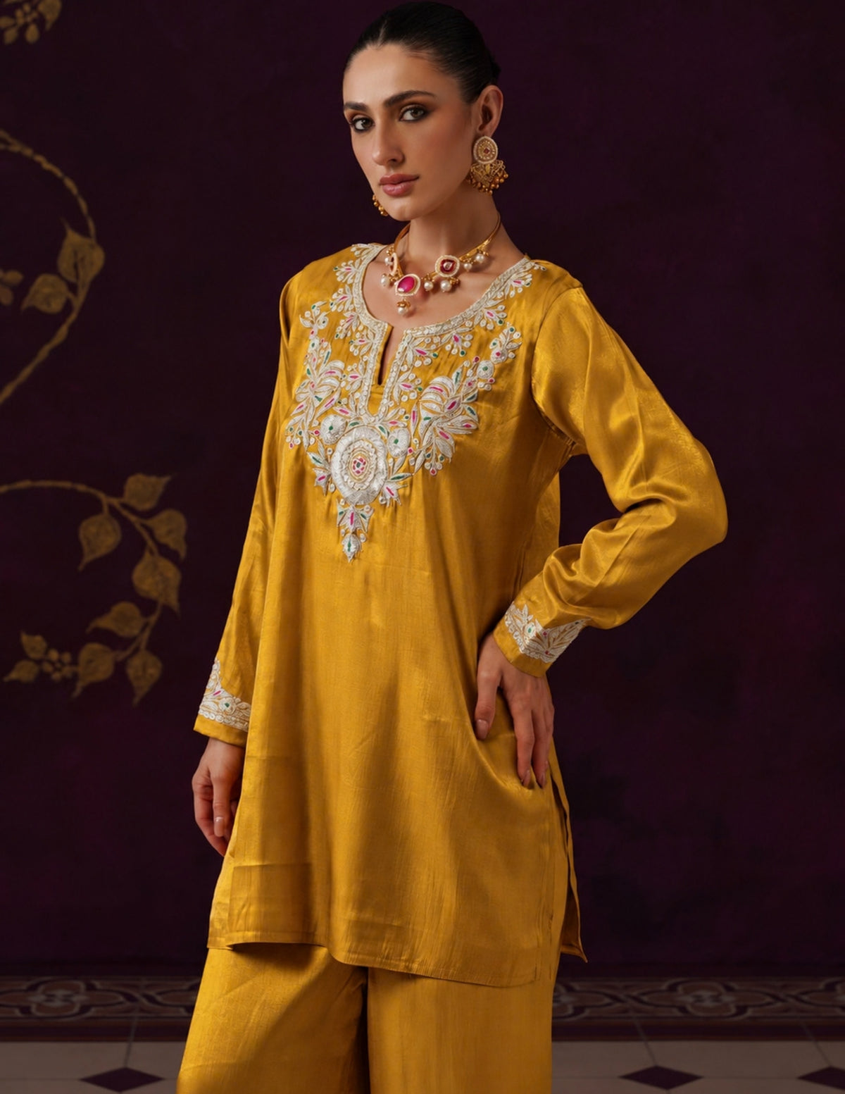 Kashmiri Tilla &amp; Thread Embroidered Silk Co-ord Set – Mustard Yellow