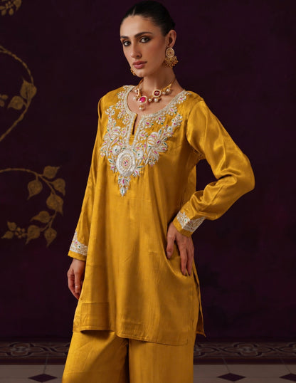 Kashmiri Tilla &amp; Thread Embroidered Silk Co-ord Set – Mustard Yellow