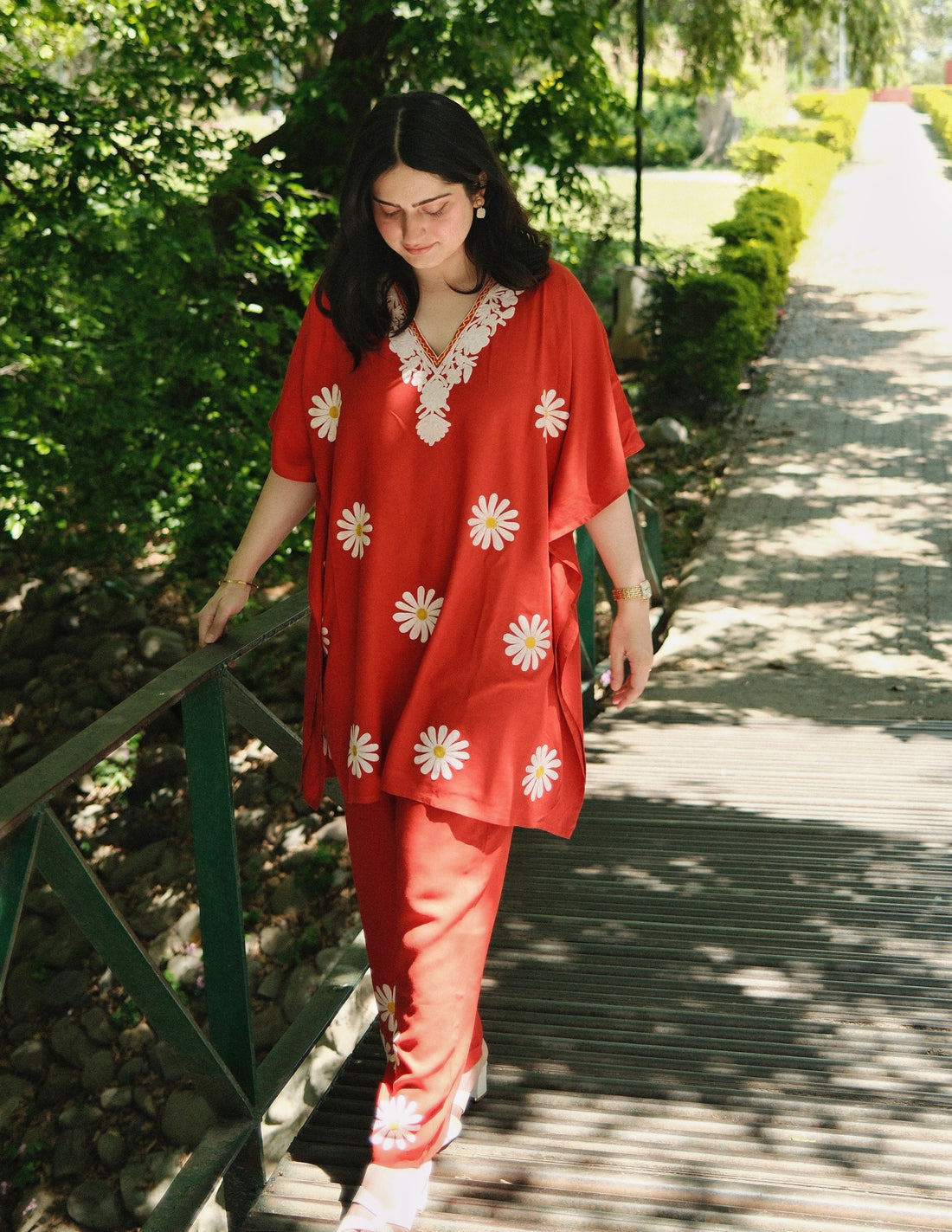 Blush Maroon Rayon Kaftan Set – White Aari Embroidery | Elegant Comfort Wear - Kashmir Box
