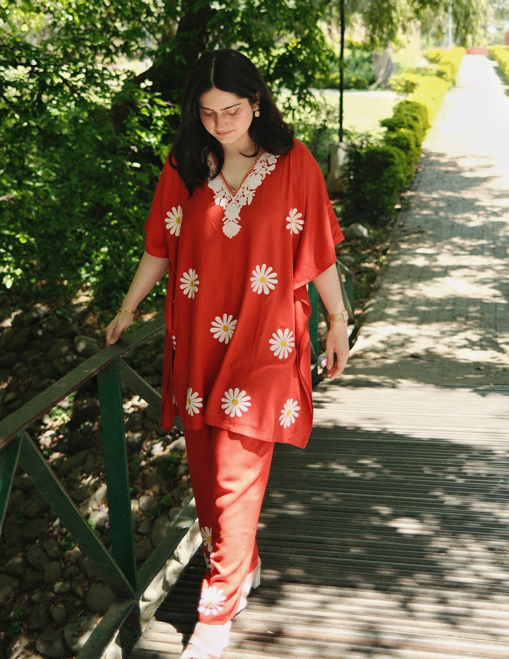 Blush Maroon Rayon Kaftan Set – White Aari Embroidery | Elegant Comfort Wear - Kashmir Box