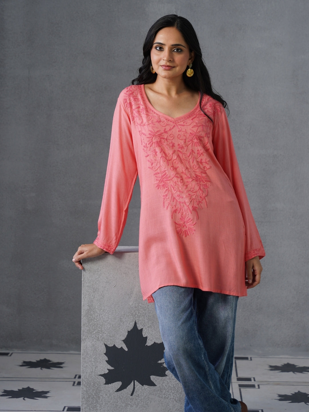 Women’s Pink Kashmiri Aari Embroidered Floral Short Kurti – Casual &amp; Office Wear