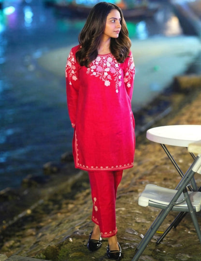 Kashmiri Baby Pink Aari Embroidered Woollen Coordset – Pink | Elegant Winter Wear