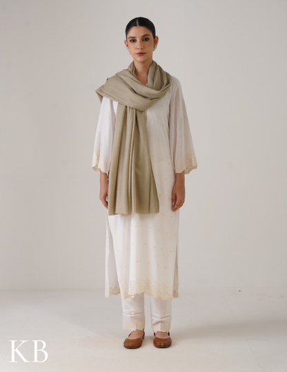Pale Olive Green Solid Woollen Shawl | Soft Winter Neutral - Kashmir Box