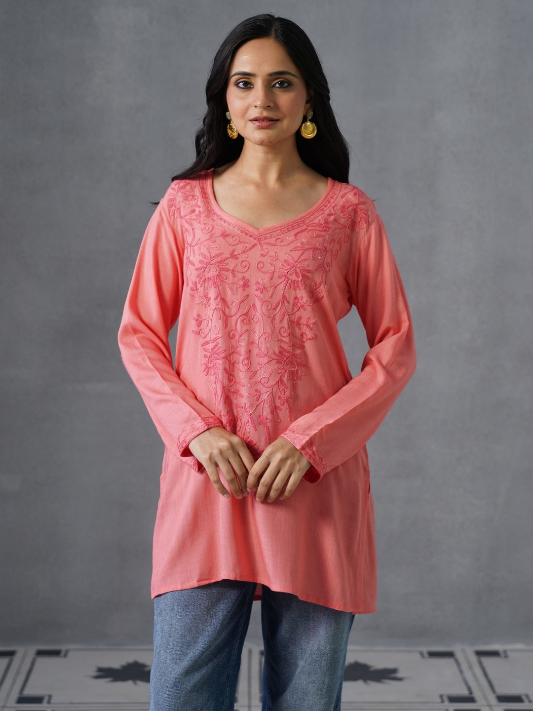 Women’s Pink Kashmiri Aari Embroidered Floral Short Kurti – Casual &amp; Office Wear