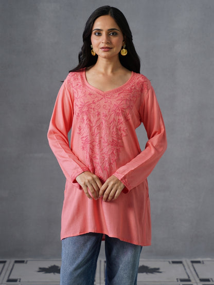 Women’s Pink Kashmiri Aari Embroidered Floral Short Kurti – Casual &amp; Office Wear