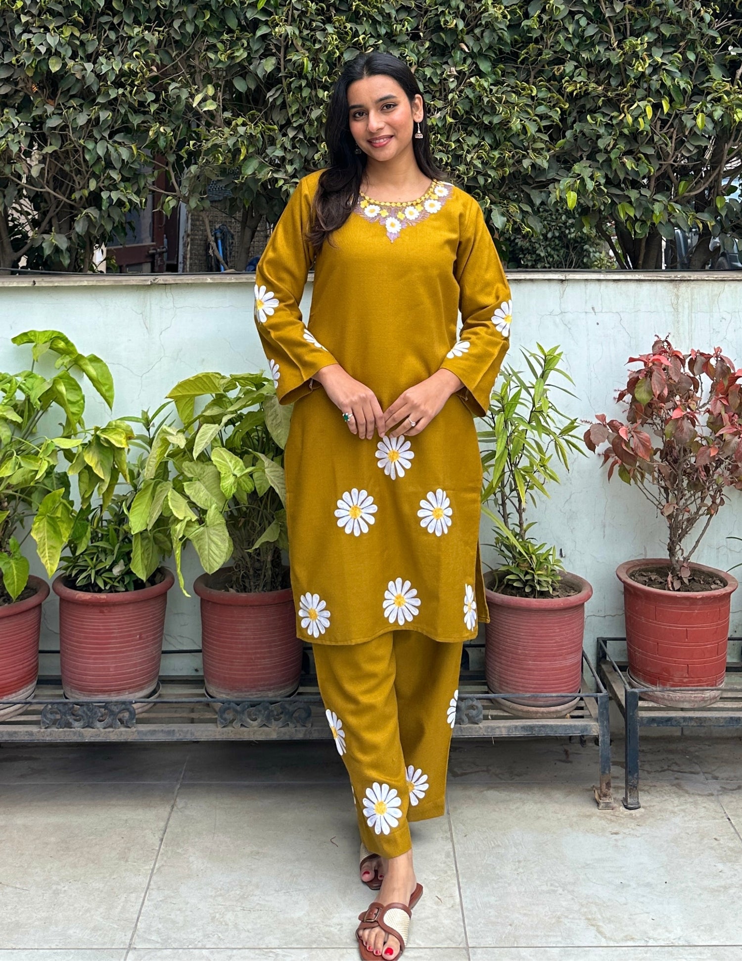 Kashmiri White, Grey &amp; Yellow Aari Embroidered Woollen Coordset – Mustard | Everyday Winter Wear